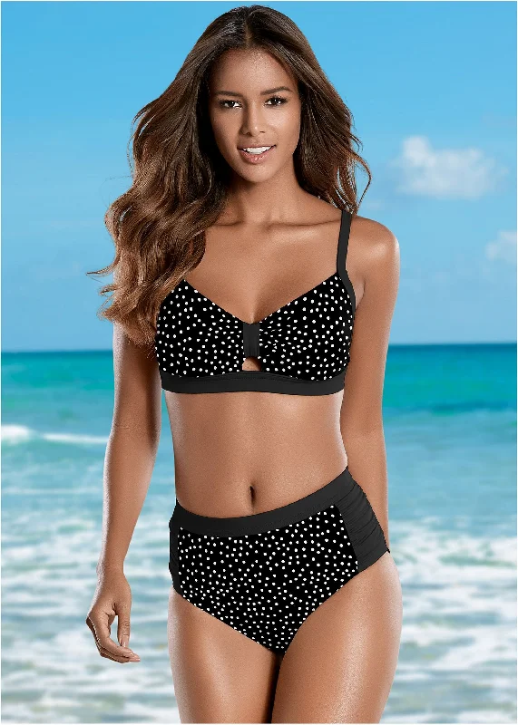 Swimwear with rough fabric-Ruched High-Waist Bottom - Black Vintage Dot