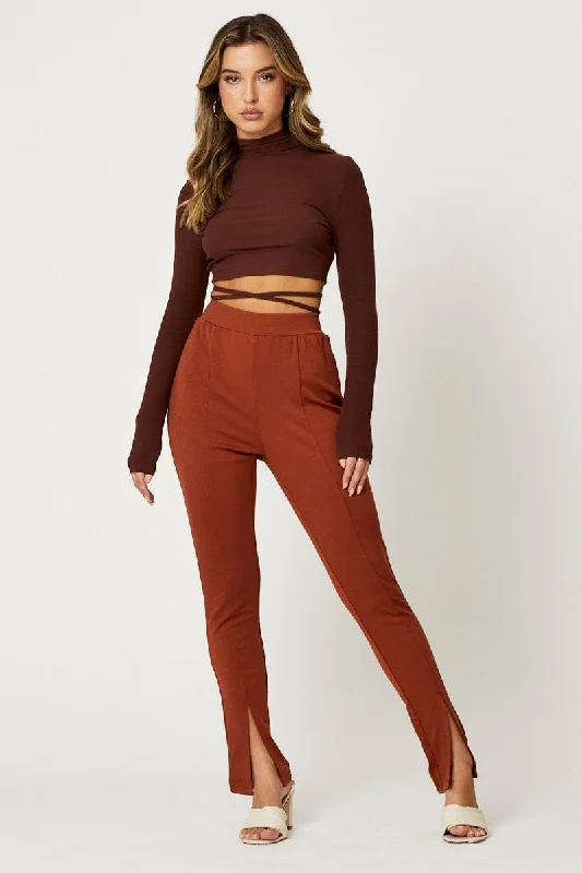 Sports Legging with branded fabric-Brown High Rise Leggings Front Split