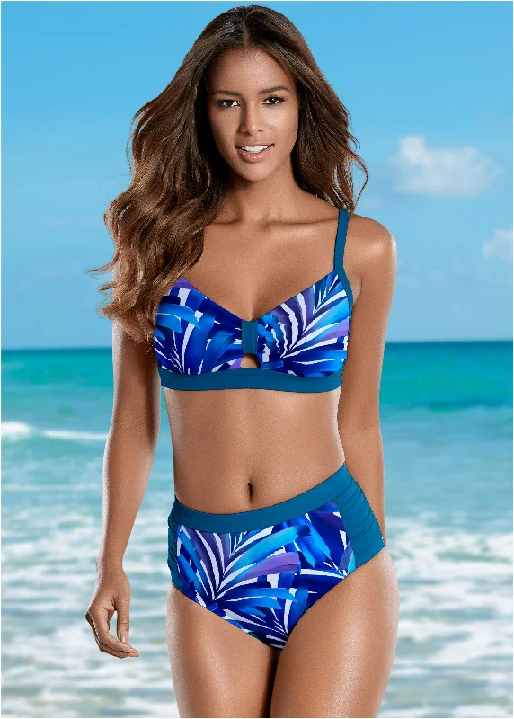 Swimwear with quick-release-Ruched High-Waist Bottom - Blue Palms