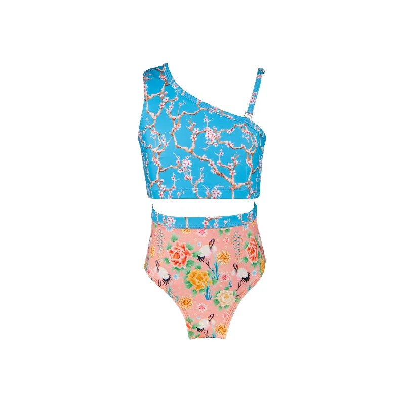 Swimwear with casual texture-Xanadu One Shoulder Bikini Blossom Blue (Blossom Blue)