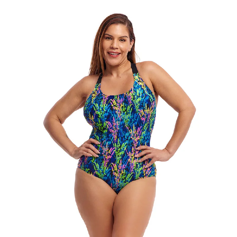 Sports bra with fast dashes -Funkita Midnight Meadow Ladies Form One Piece Brace Me Back