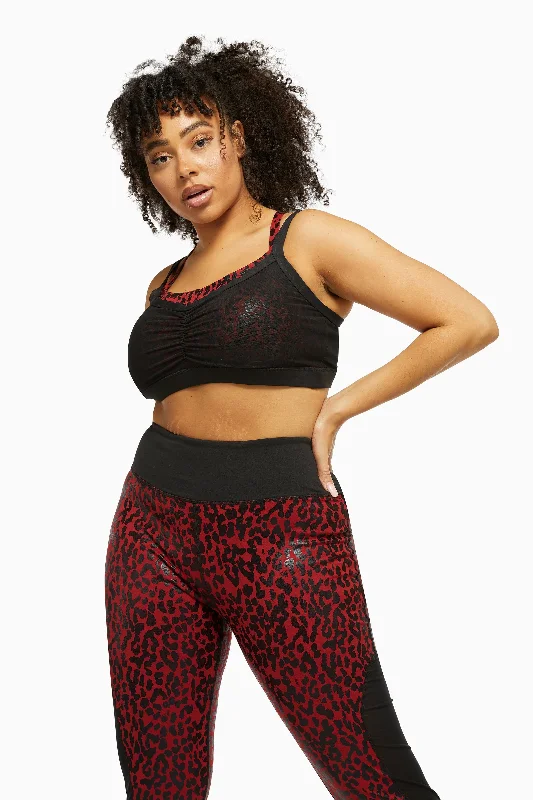 Sports bra with snug fit -Dark Red and Black Leopard Wet Look Sports Bra Curve