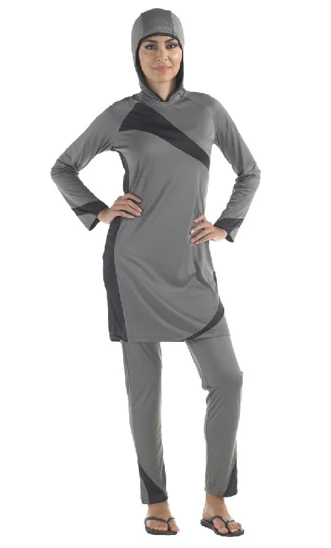 Swimwear with slow-dry fabric-Grey Contrasting Color Panel Swimwear Burkini Two Piece Set