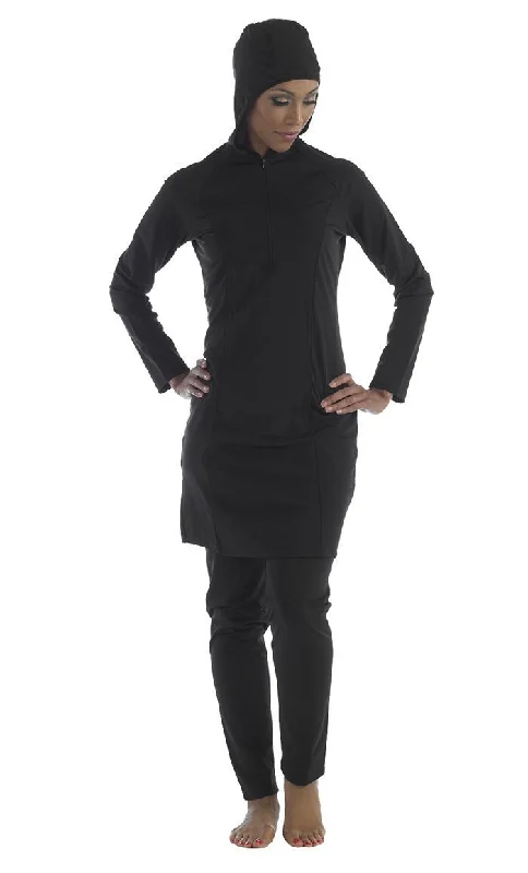 Swimwear with thin fabric-Black Hooded Swimwear Burkini Two Piece Set