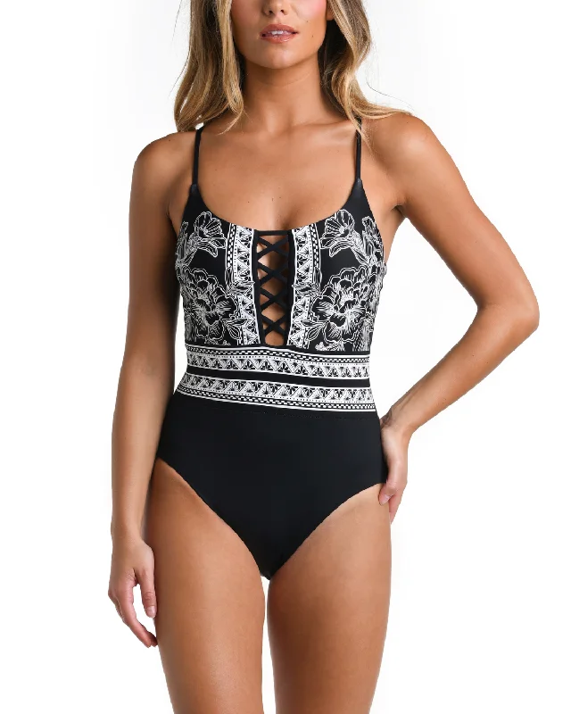 Swimwear with sporty texture-2024 La Blanca Shadow Floral Plunge Front Strappy Back One Piece - Lb4cf21