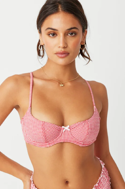 Swimwear with durable fabric-Cola Underwire Balconette Bikini Top - Ladybug Gingham