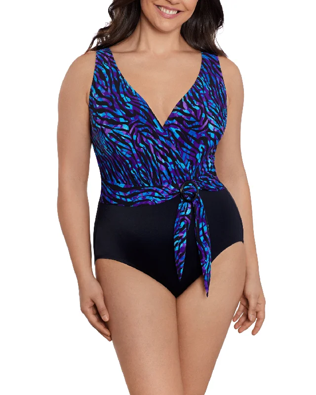 Swimwear casual-2024 Longitude Painted Safari Belted Surplice One Piece - L240857