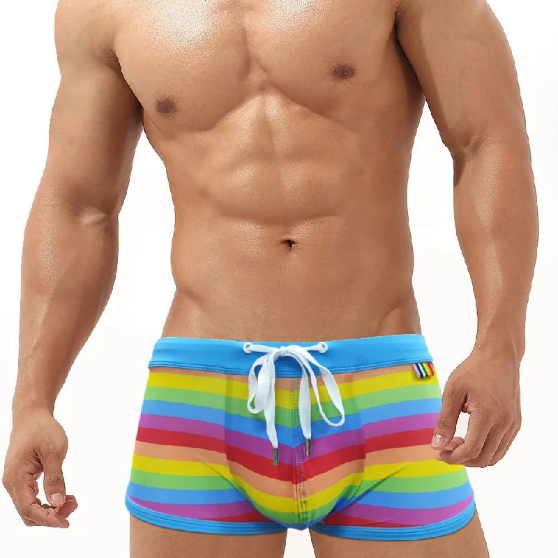 Swimwear with checkered look-Baby Blue Rainbow Swim Trunks