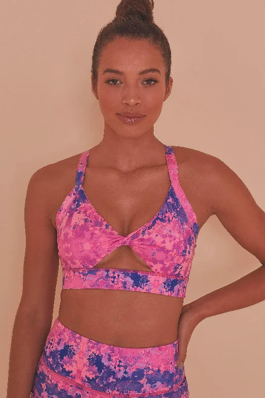 Reflective sports bra for dusk -Pink Marble Twist Front Sports Bra