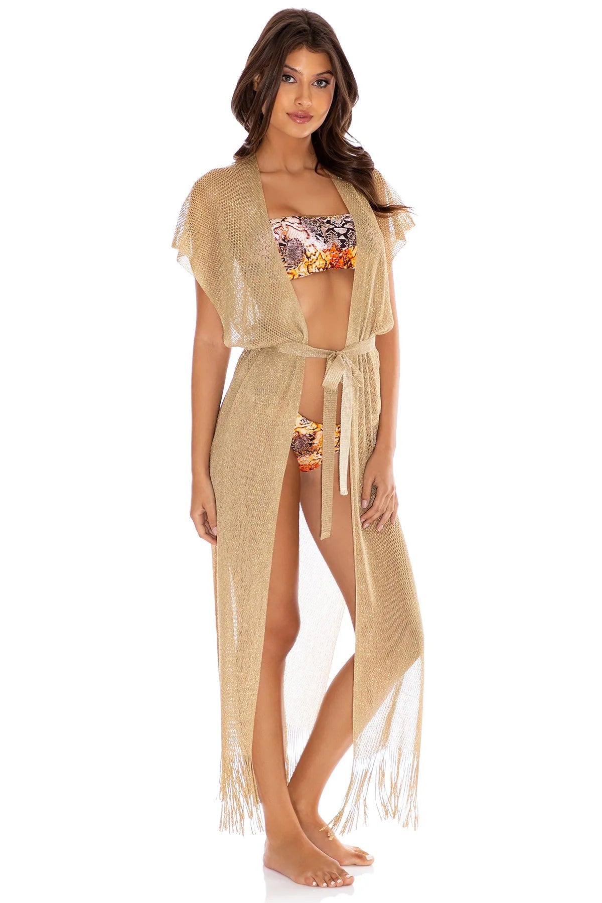 Swimwear with high-maintenance-Luli Fama Gold Rush Fringe Long Caftan