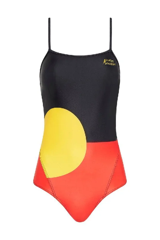 Swimwear with natural fabric-Thin Strap Racer in Aboriginal Flag