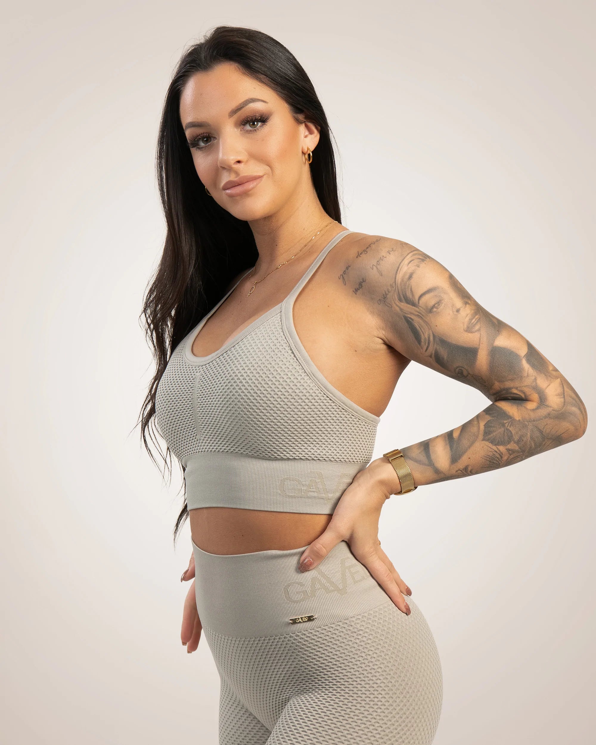 Sports bra with link straps -Gavelo Seamless HoneyComb Beige Sports Bra