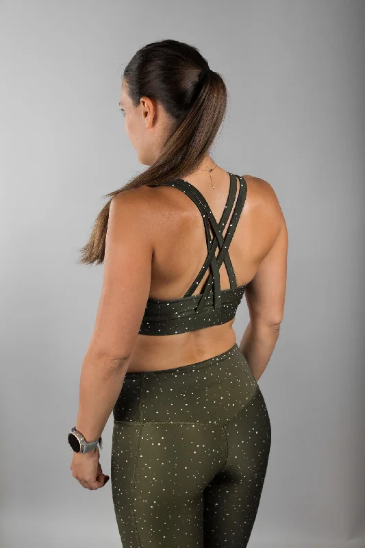 Sports bra with drift pattern -Moss Green Strappy Sports Bra