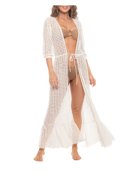 Swimwear with long sleeve-Guria Off White Lattice Duster Cover Up