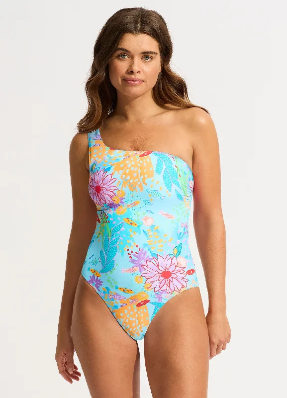 Swimwear with underwire-Under The Sea One Shoulder One Piece - Blue Mist