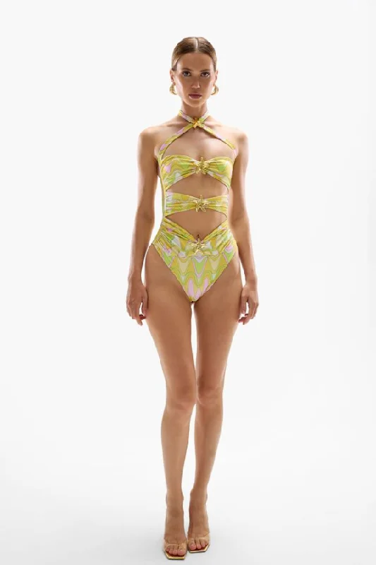 Swimwear with rugged texture-Diamond Seastar Swimsuit Wavy Gold