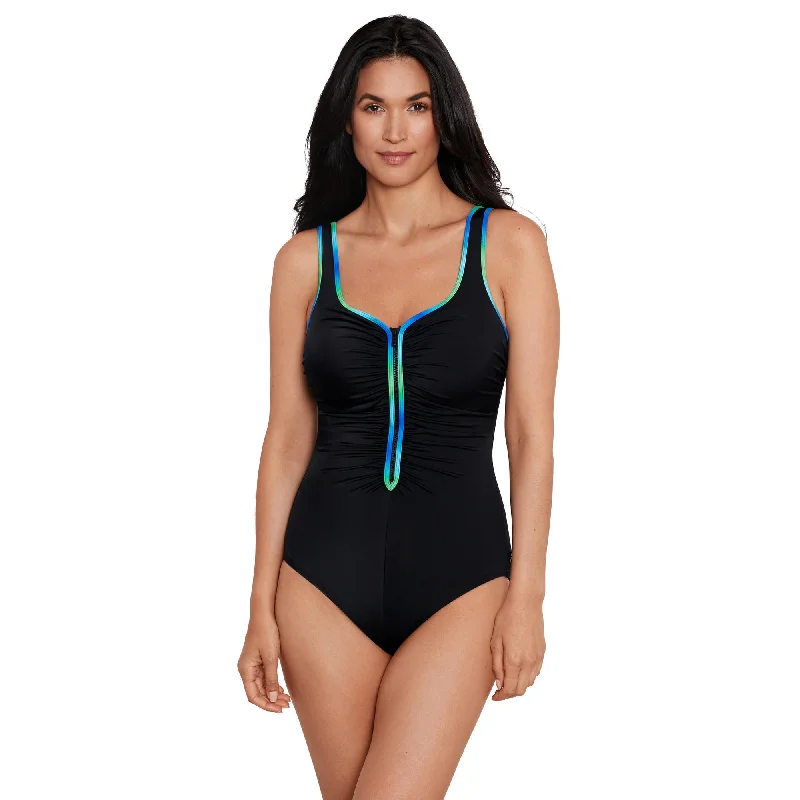 Swimwear with spandex-Penbrooke Colorful Behavior Shirred Zipper One Piece