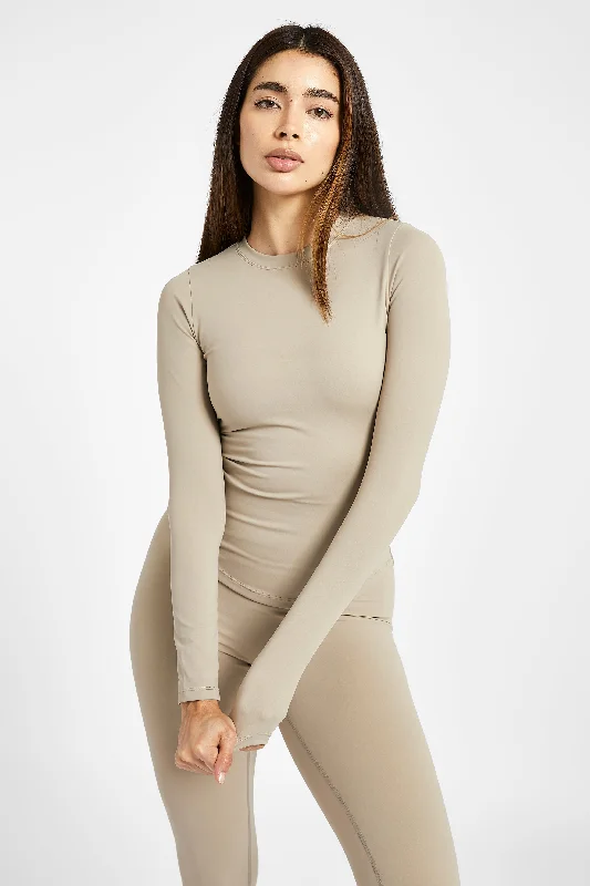 Sports top with broad collar -Base Sculpting Long Sleeve Top - Taupe