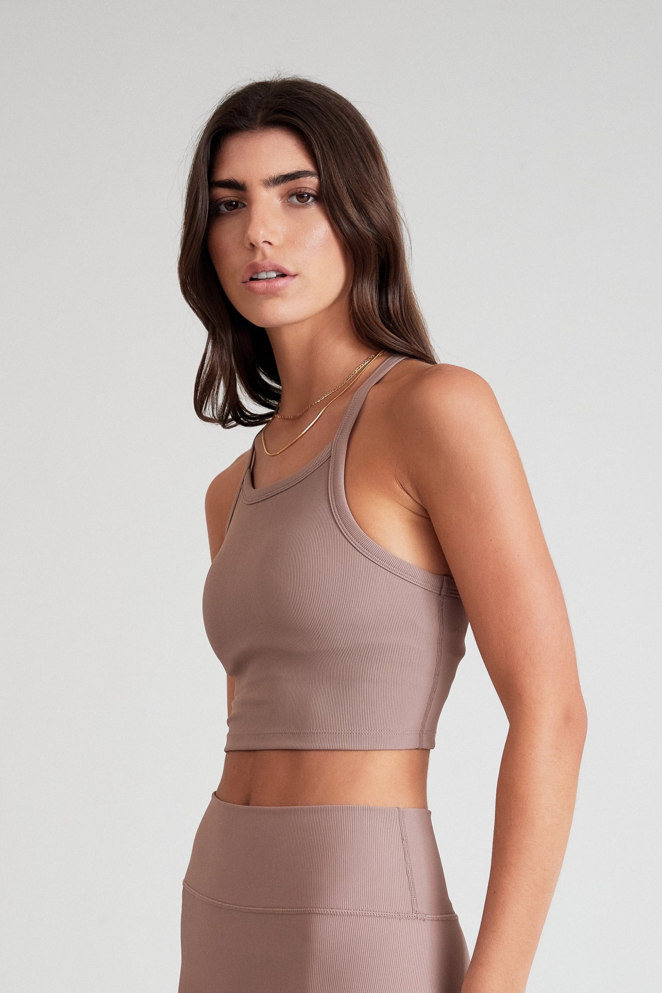 Sports top with vault drills -EcoRib Strap Racer Crop