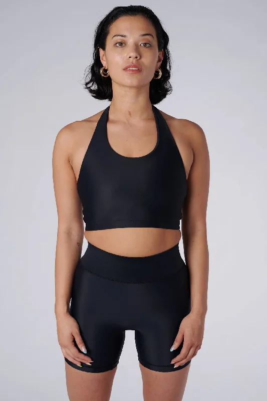 Sports top for quick sprints -Iris Halter Crop Top | Recycled Nylon | Black