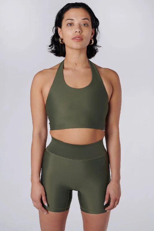 Sports top for snap sprints -Iris Halter Crop Top | Recycled Nylon | Olive