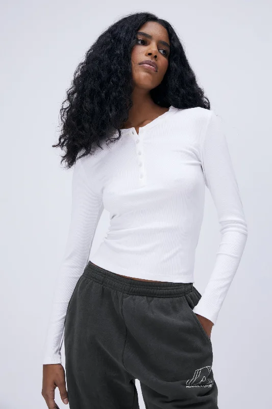 Sports top for pitch play -Rib Long Sleeve Button Up Top - White