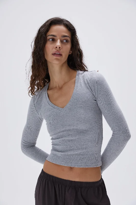 Sports top with cord fit -Rib V-Neck Long Sleeve Top - Grey Melange