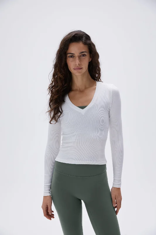 Sports top with wave sprints -Rib V-Neck Long Sleeve Top - White