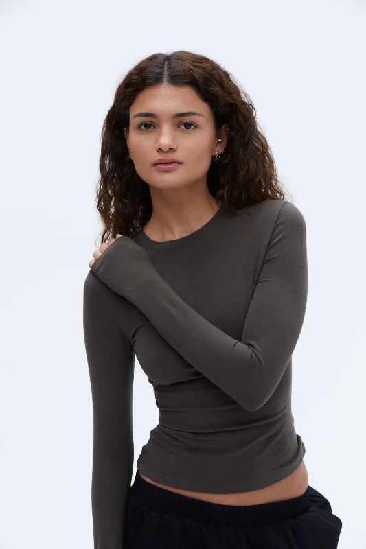 Sports top with airy shape -Cotton Long Sleeve Top - Forest Brown