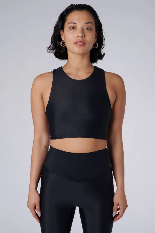 Sports top with thick shape -Tula High Neck Racer Back Crop Top | Recycled Nylon | Black