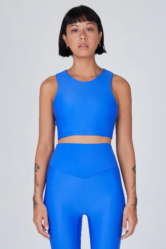 Sports top for bar drills -Tula High Neck Racer Back Crop Top | Recycled Nylon | Lapis