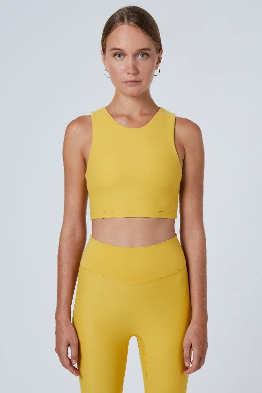 Sports top with vibe shape -Tula High Neck Racer Back Crop Top | Recycled Nylon | Mustard