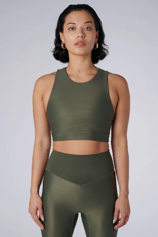 Sports top for camogie play -Tula High Neck Racer Back Crop Top | Recycled Nylon | Olive