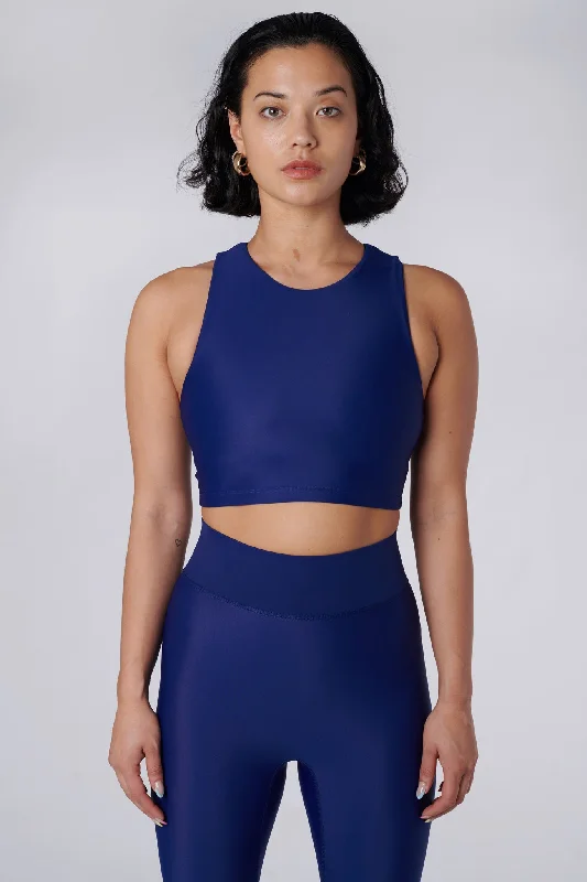 Sports top with bow fit -Tula High Neck Racer Back Crop Top | Recycled Nylon | Royal