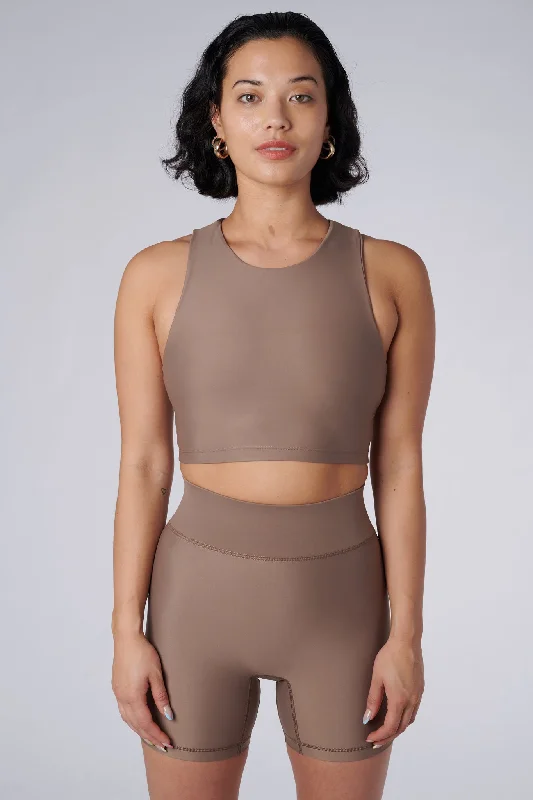 Sports top for ring drills -Tula High Neck Racer Back Crop Top | Recycled Nylon | Sand