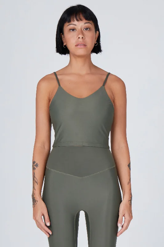 Sports top with firm shape -Zuli Thin Strap Crop Top | Recycled Nylon | Olive