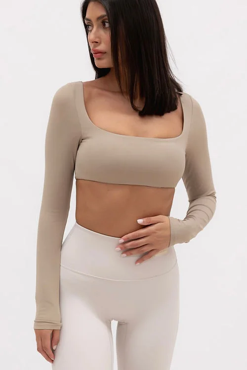 Sports top with floor drills -Christina Smooth Long Sleeve Crop - Pastel Khaki