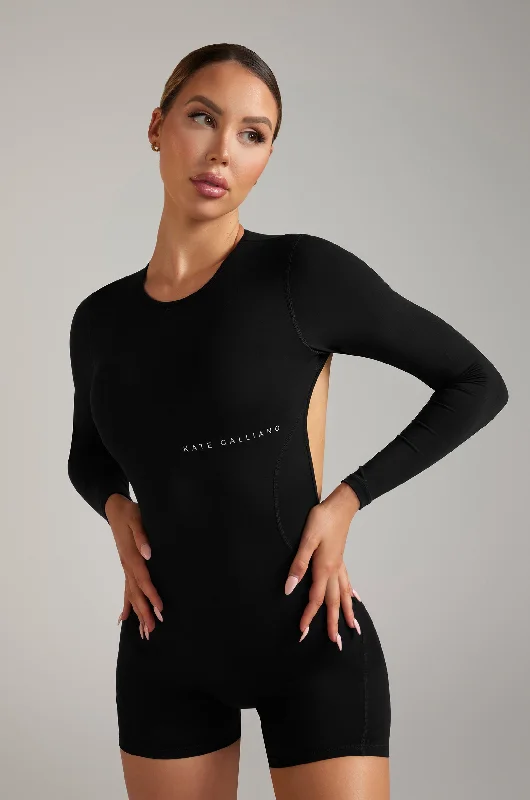 Sports top for kabaddi games -Long Sleeve Backless Romper - Black